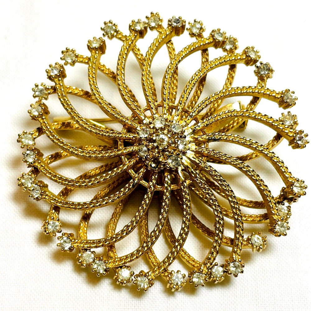 MCM Atomic Era Starburst Gold Tone Rhinestone Brooch 2" Layered Pin Vintage 3D